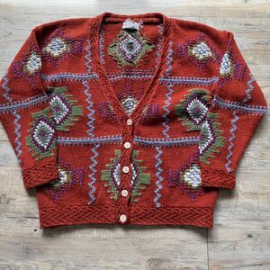 Vintage Sweater Hand Knit Susan D Ramie Cotton Cardigan Geometric Small Chunky